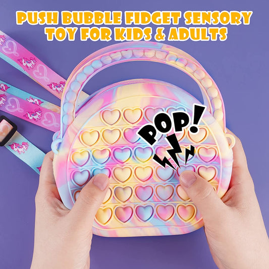 Mini Handbag Silicone Push Pop Fidget Sensory Toy Heart Bubble Rainbow Colors