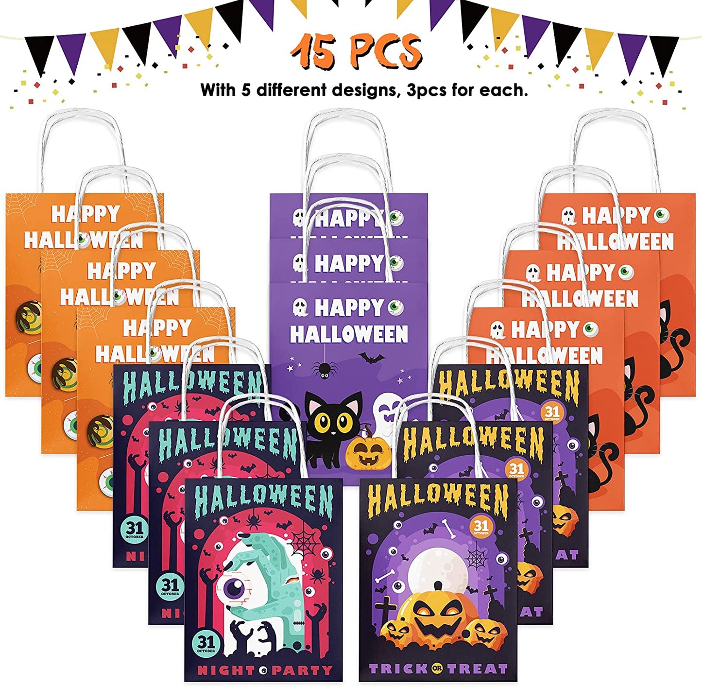 15PCS Halloween Kraft Paper Treat Bag Handles Trick or Treat Holiday Party Favor