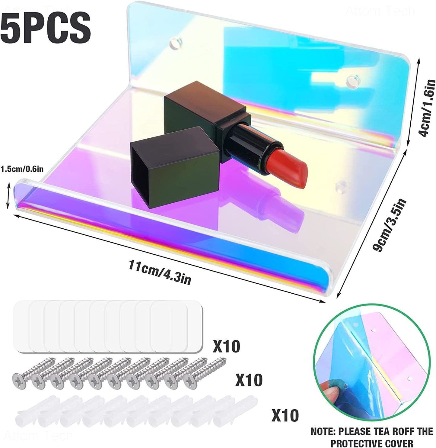 Iridescent Acrylic Floating Shelves with Edge 5PCS Small Wall Mounted 4.3"x3.5"