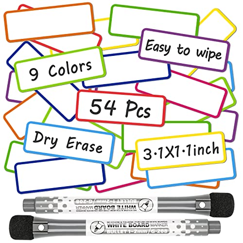 Magnetic Dry Erase Labels 54PCS 3"x1" + 2PCS Dry Erase Markers Set 9 Colors