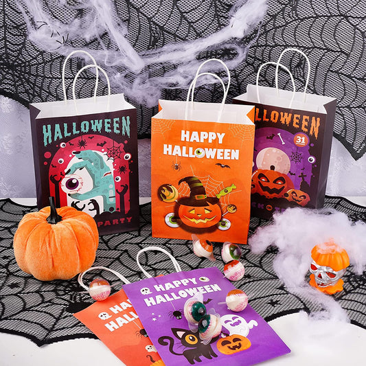 15PCS Halloween Kraft Paper Treat Bag Handles Trick or Treat Holiday Party Favor