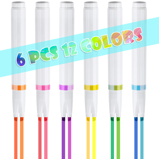 6-Pack Double Chisel Tip Dual Macaron Colors Highlighter Marker Pens, 2-In-1 F