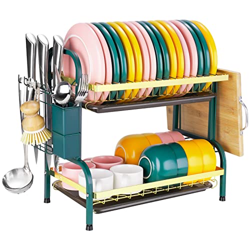 2-Tier Dish Drying Rack Drainboards Compact Stainless-Steel (Dark Green/Gold)