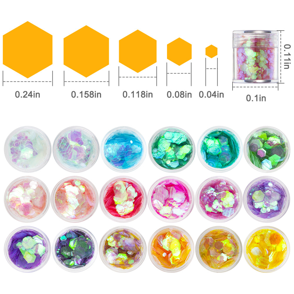 Aphlos 18 Colors Holographic Glitters Assorted Hexagons Shaped for Resin Nail Se