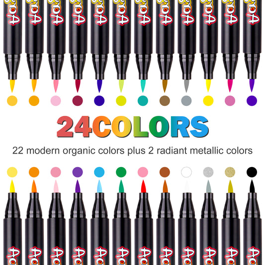 24 Colors Acrylic Paint Pen Markers, Extra Fine Nylon Brush Tip Opaque Water-B