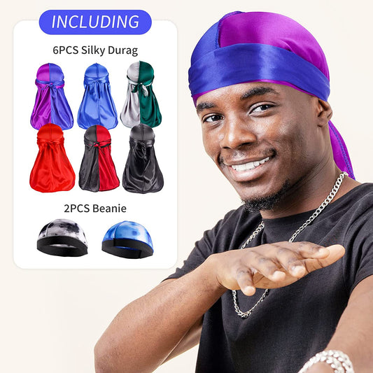 Silky Satin Durag Men Women 6PCS Unisex Fashion Wave Caps Headwrap Turban Satin