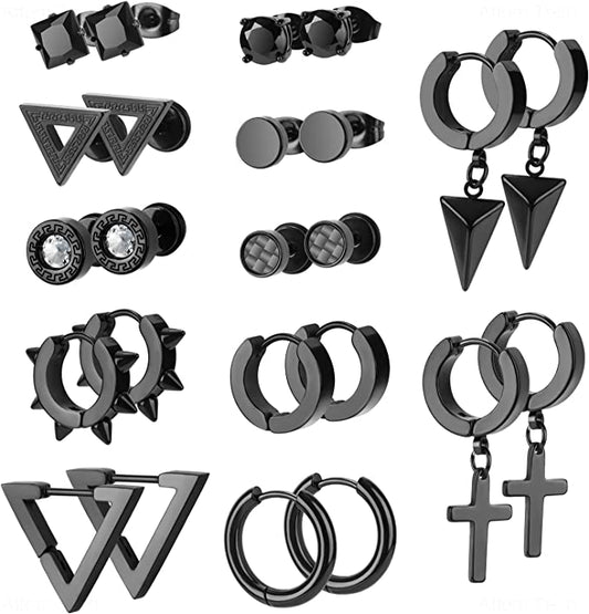 Earrings Men 12 Pairs Black Stud Hoop Earrings Hanging Earrings Stainless Steel