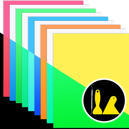 Heat Transfer Vinyl PU HTV Iron-On 9PCS 9.8"X11.9" Sheets Glow-In-The-Dark Col