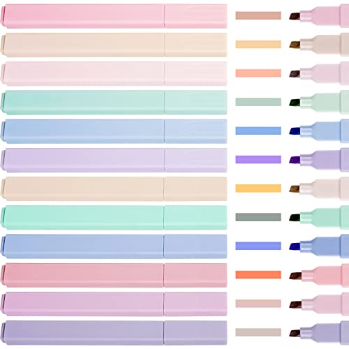 Chisel Tip Highlighter Marker Pens, 12 Mild Pastel Colors Water-Based Ink Quic