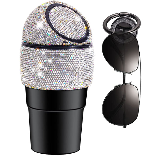 Rhinestone Car Garbage Can Sunglass Dash Holder Glitter Trash Can Rebound Lid