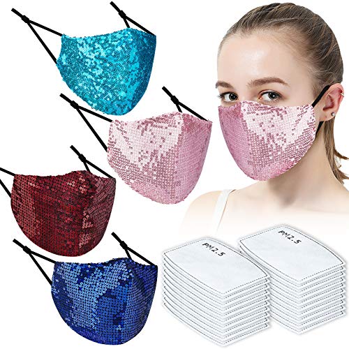 (4 Masks+20 Filters) Washable Fashion Glitter Sequins 5-Layer Filter s,