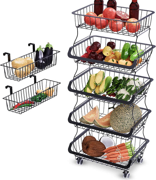 Fruit Basket Cart with Rolling Wheels 5-Tier Footpads & 2 Free Hanging Baskets