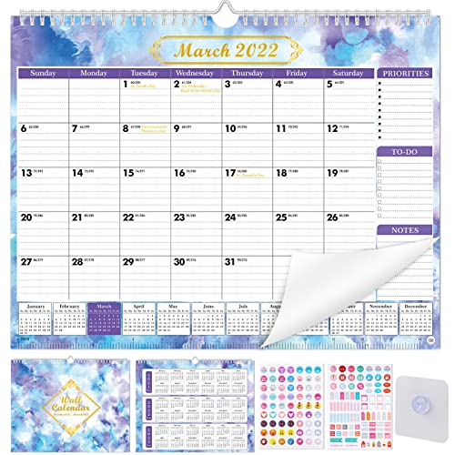 2022 Calendar - 12 Monthly Wall Calendar with Planning Stickers & Adhesive Hoo