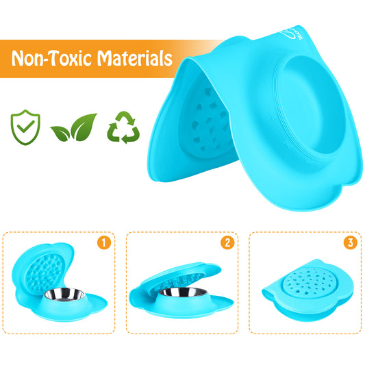 Large Slow Feeder Dog Bowl Mat Soft Silicone Stainless Steel Food Water Tray