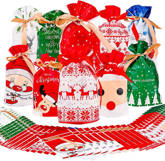 Christmas Candy Bag 50PCS 10 Designs 5.9x9 Candy Goodies Plastic Drawstring Gift