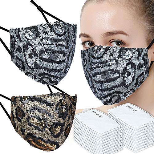 (2 Masks+20 Filters) Allover Leopard Glitter Sequin Washable Fashion Protective