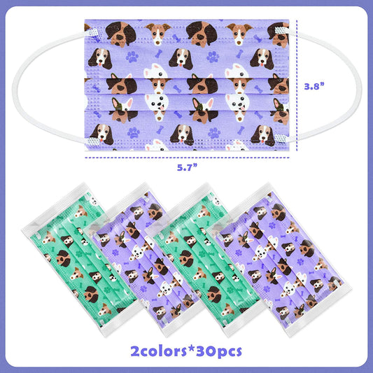 Kid Individual Packed Disposable 60PCS 3-Layer Fabric Cute Patterns Green Purple