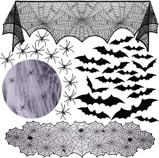 25PCS Halloween Decor Spiderweb Fireplace Mantle Scarf Table Runner Spider Webs