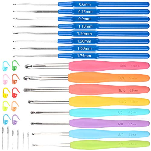 [0.6 - 6mm] Small Crochet Hooks Set, Ergonomic Anti-Slippery Hard Plastic Handle
