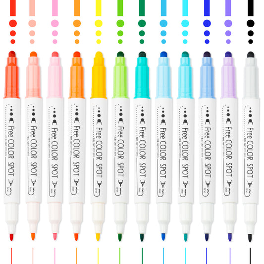 Dual Tip DOT Marker Pens 12 Colors Round DOT Fiber Fine Tip for Art, Coloring,