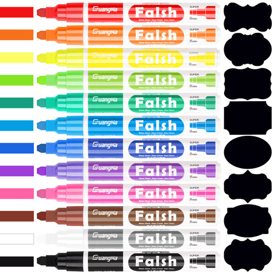 12 Colors Liquid Chalk Markers with 32PCS Chalkboard Stickers Kit, Glass Marke