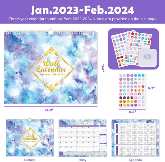 2023 Wall Calendar 14 Monthly Calendar Jan. 2023 - Feb. 2024, 15''x11.5'' Large