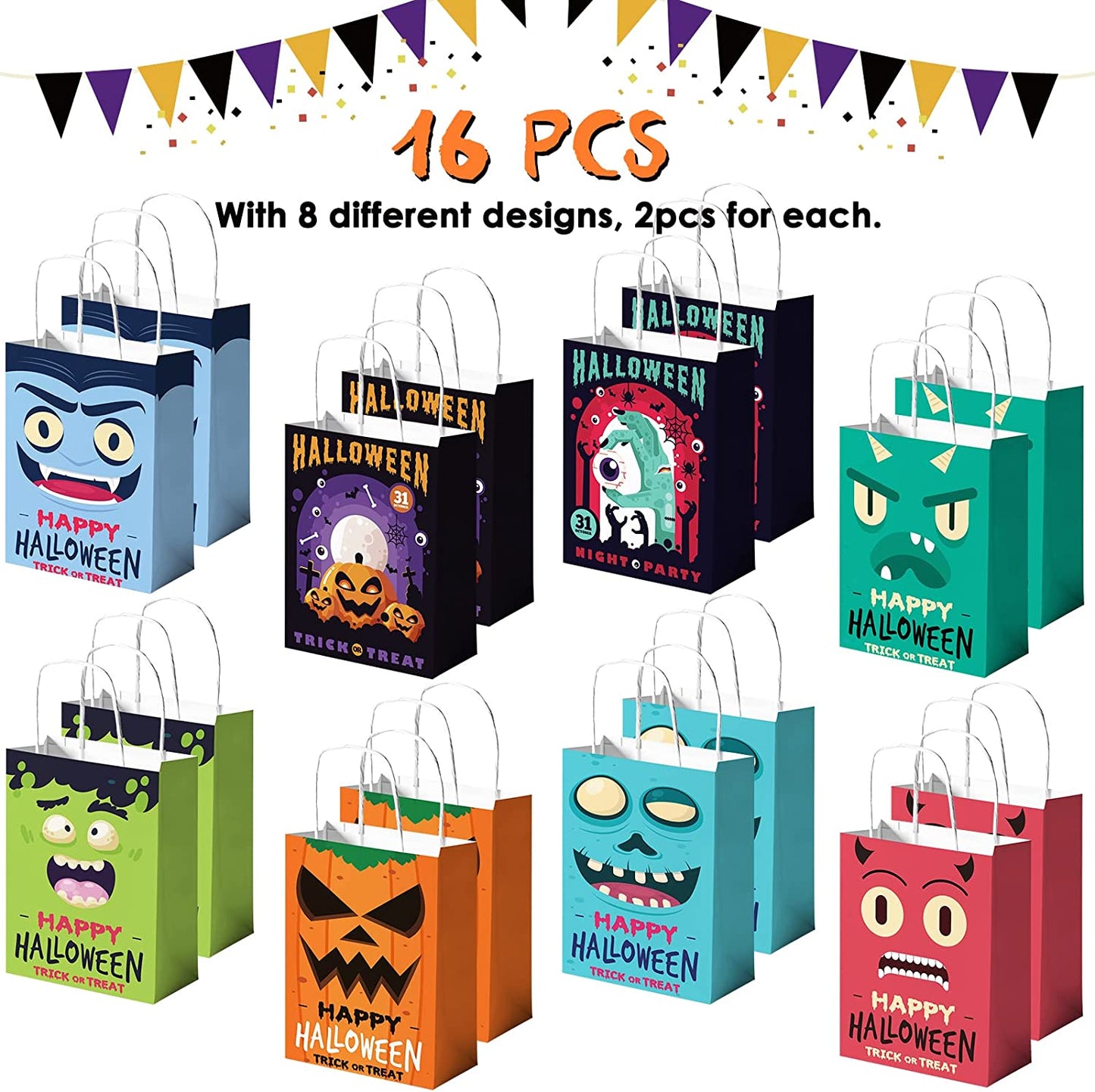 16PCS Halloween Kraft Paper Treat Bag Handle Trick or Treat Holiday Party Favor