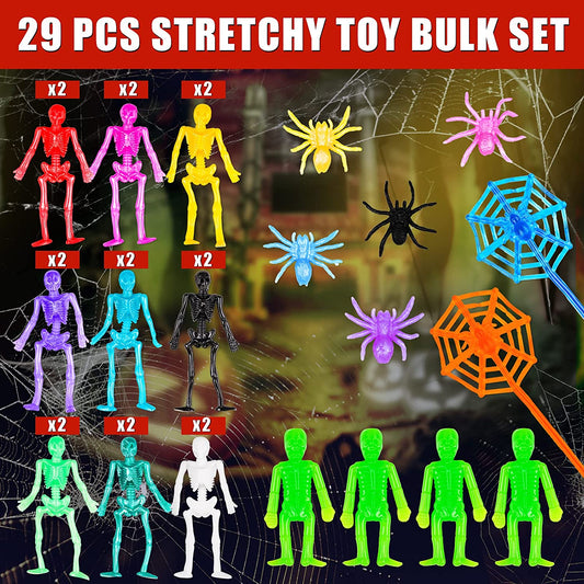 29PCS Halloween Stretchy Skeleton Spiderweb Glitter Spider Toy Set Fun Novelty
