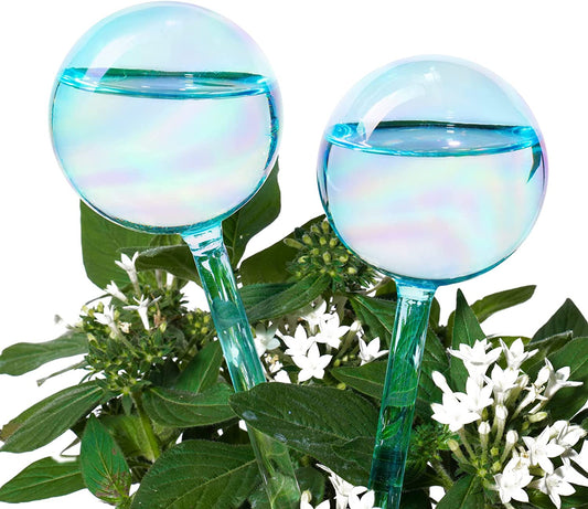 Aqua Spike Self-Watering Bulb 2PC 10" Iridescent Pearl Glass Globe Plant Waterer