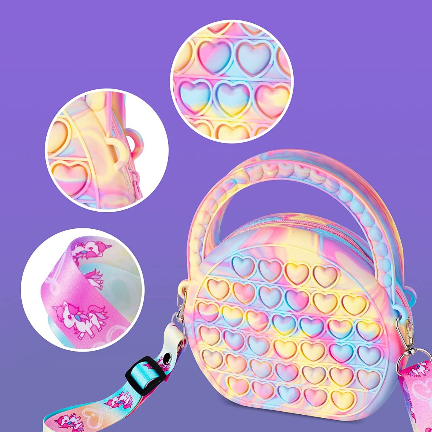 Mini Handbag Silicone Push Pop Fidget Sensory Toy Heart Bubble Rainbow Colors