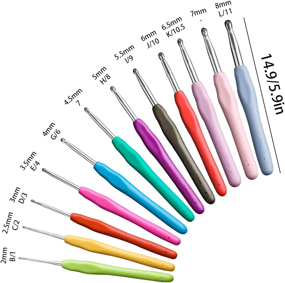 [2mm - 8mm] Crochet Hooks Set Extended Length, Ergonomic Anti-Slippery Handle