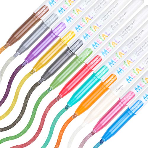 Metallic Marker Pens 12 Assorted Color 2mm Fine Tip, Sheen Glitter Painting Pen