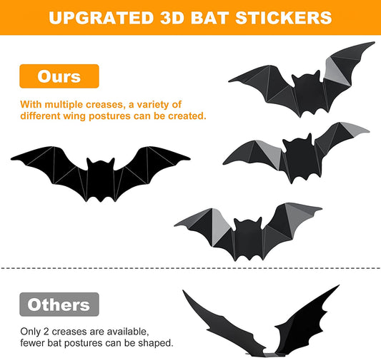 98PCS 3D Halloween Flying Bats Decoration Kit Bat Decals Glittery Bat Garlands