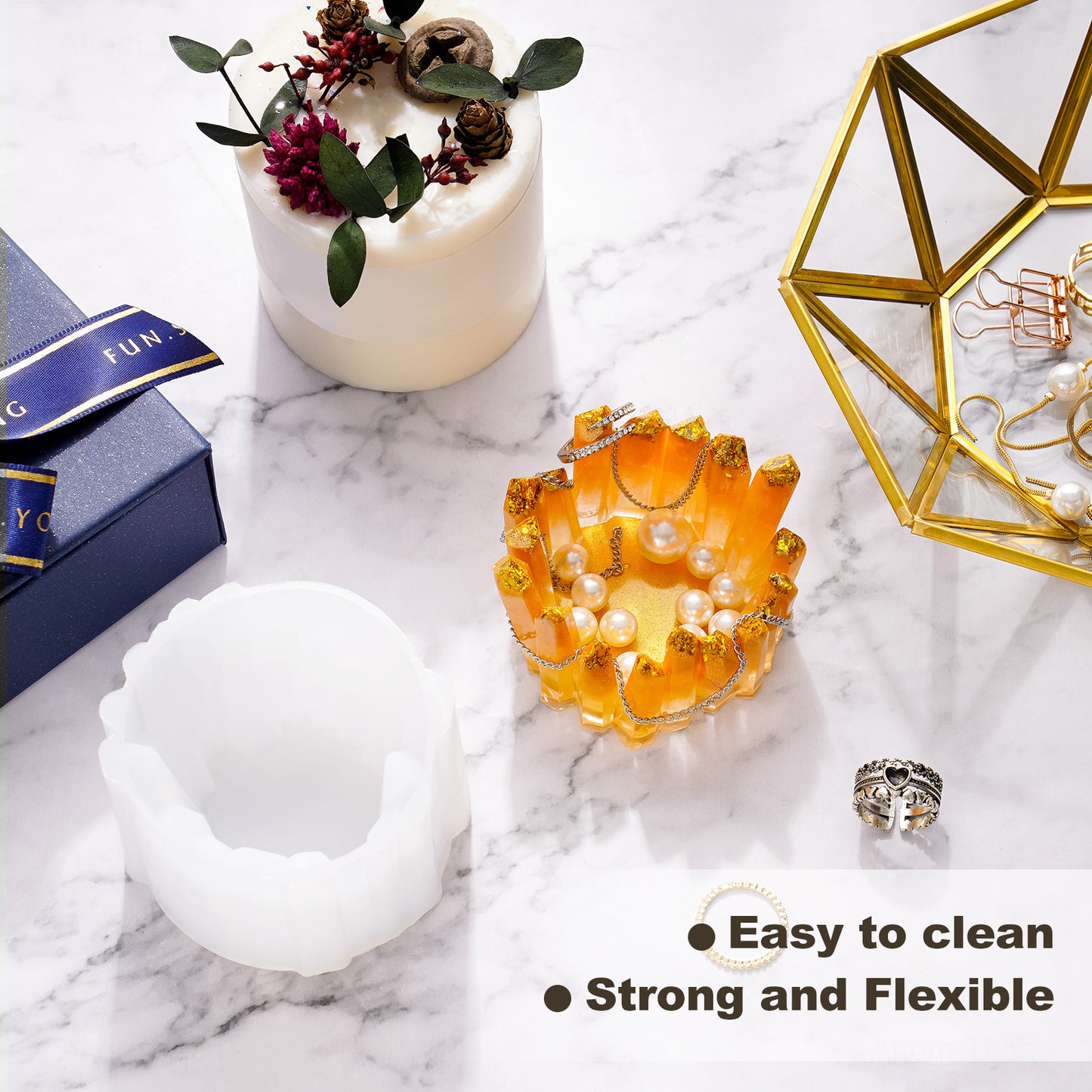 Crystal Shape Candle Holder Resin Silicone Mold+10 White Tealight Candles+Glit
