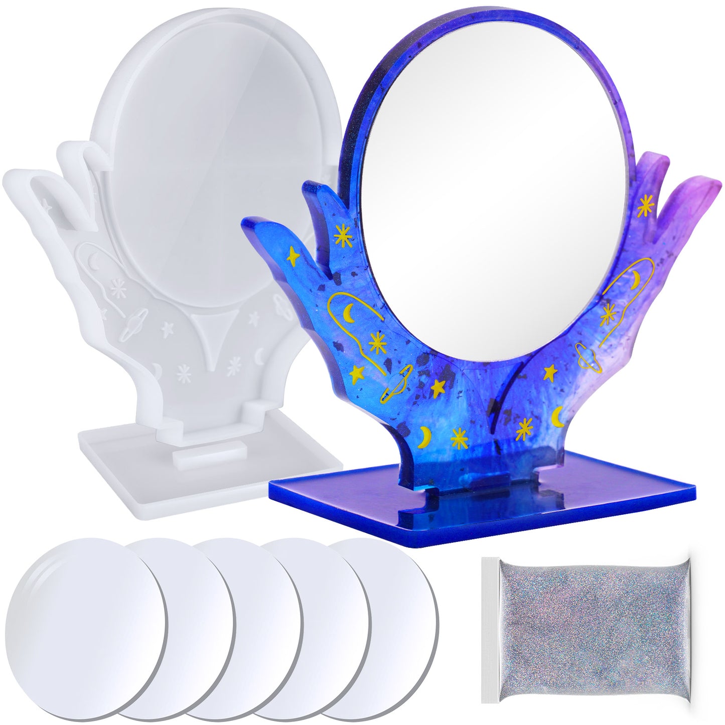 Makeup Mirror Epoxy Resin Casting Kit 2x Crystal Hands Silicone Molds+5x 4" Sh