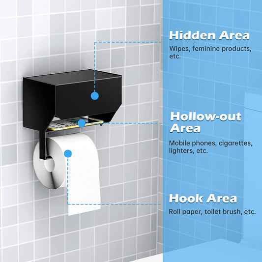 Black Toilet Paper Holder Shelf & Wipe Dispenser Wall Mount Toilet Paper Holder