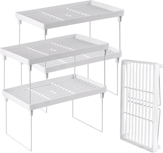 Stackable Plastic Kitchen Storage Shelf Foldable Rack 4-Pack Cabinet Organizer