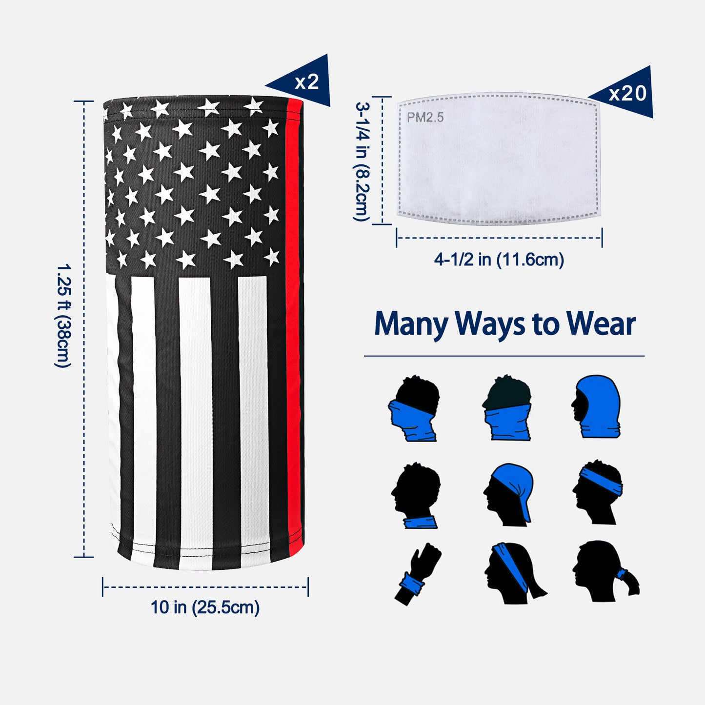Covering Tube Bandana 2-Pack Adult Size + 20PCS PM2.5 Carbon Filters, Men Women