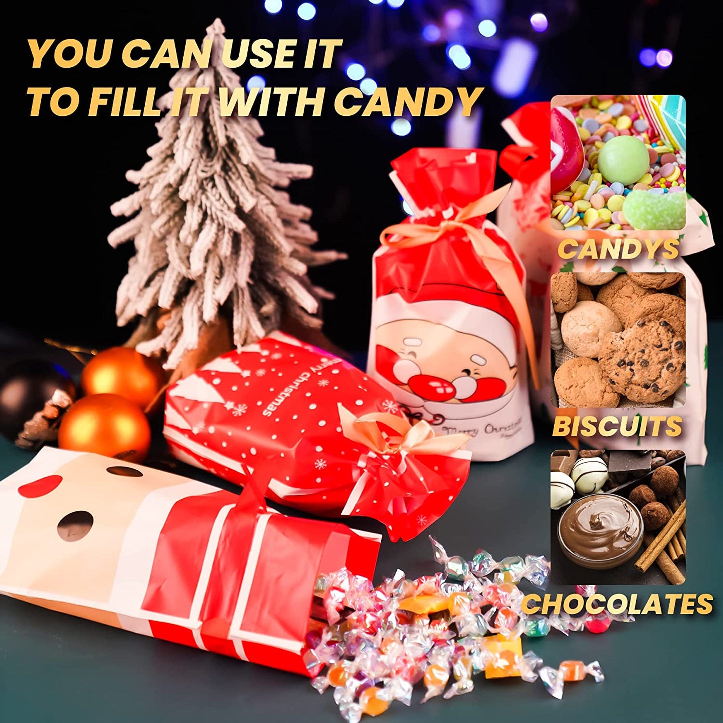 Christmas Candy Bag 50PCS 10 Designs 5.9x9 Candy Goodies Plastic Drawstring Gift