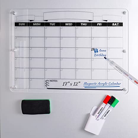 Magnetic Calendar Fridge Acrylic Dry Erase Calendar Whiteboard 17x12 Clear Board