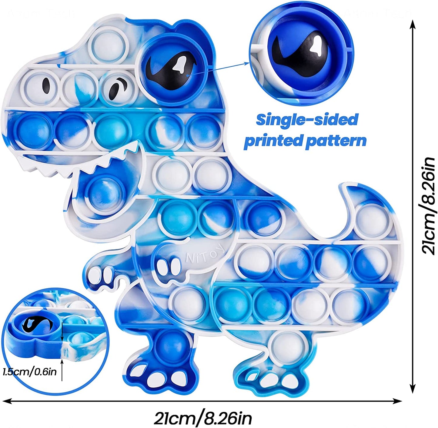 Pop Bubble Fidget Sensory Toy Large Silicone T-Rex Dinosaur Print Eye Blue/White