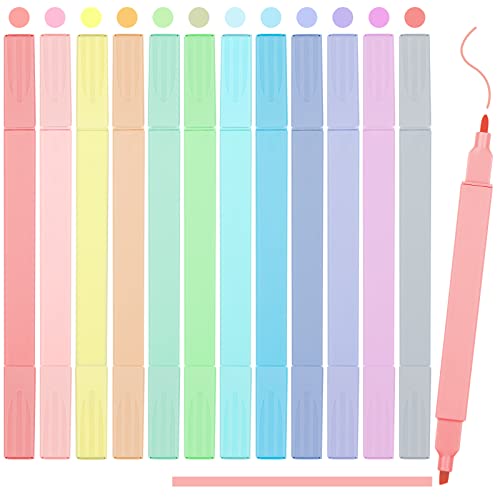 Dual Tips Highlighter Marker Pens, 12 Colors Water-Based Pastel Ink 4mm Chisel