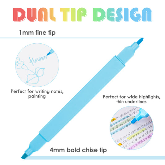 Dual Tips Highlighter Marker Pens, 12 Colors Water-Based Pastel Ink 4mm Chisel