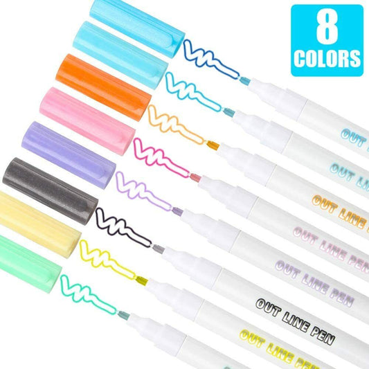 0.7mm Tip Self-Outline Silver Metallic Markers Double-Line Permanent Marker Set