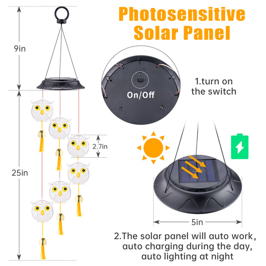 Solar Wind Chimes Changing Colors Owl, Memorial Wind Chimes Waterproof for Out
