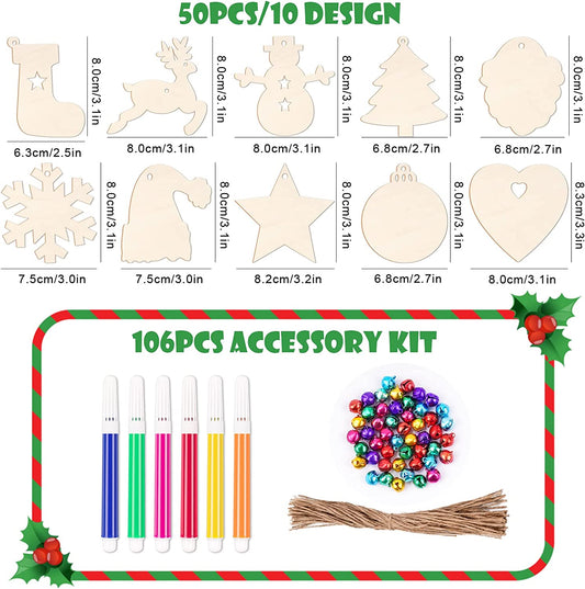 Unfinished Christmas Wooden Ornament 51PC DIY Hanging Decoration Holiday Home