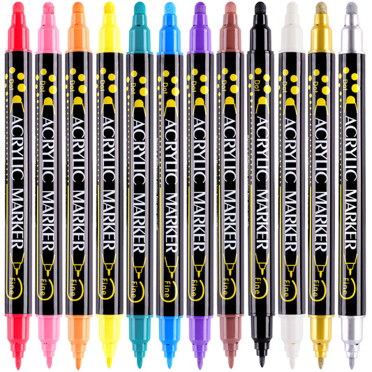 Dual Tip DOT Marker Pens, 12 Colors 1mm Fine Tip & 5mm Round DOT Tip Water-Bas