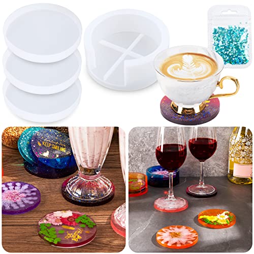 Silicone Resin Mold Kit 4PCS Round Coasters Storage Box Laser Blue Star Sequin