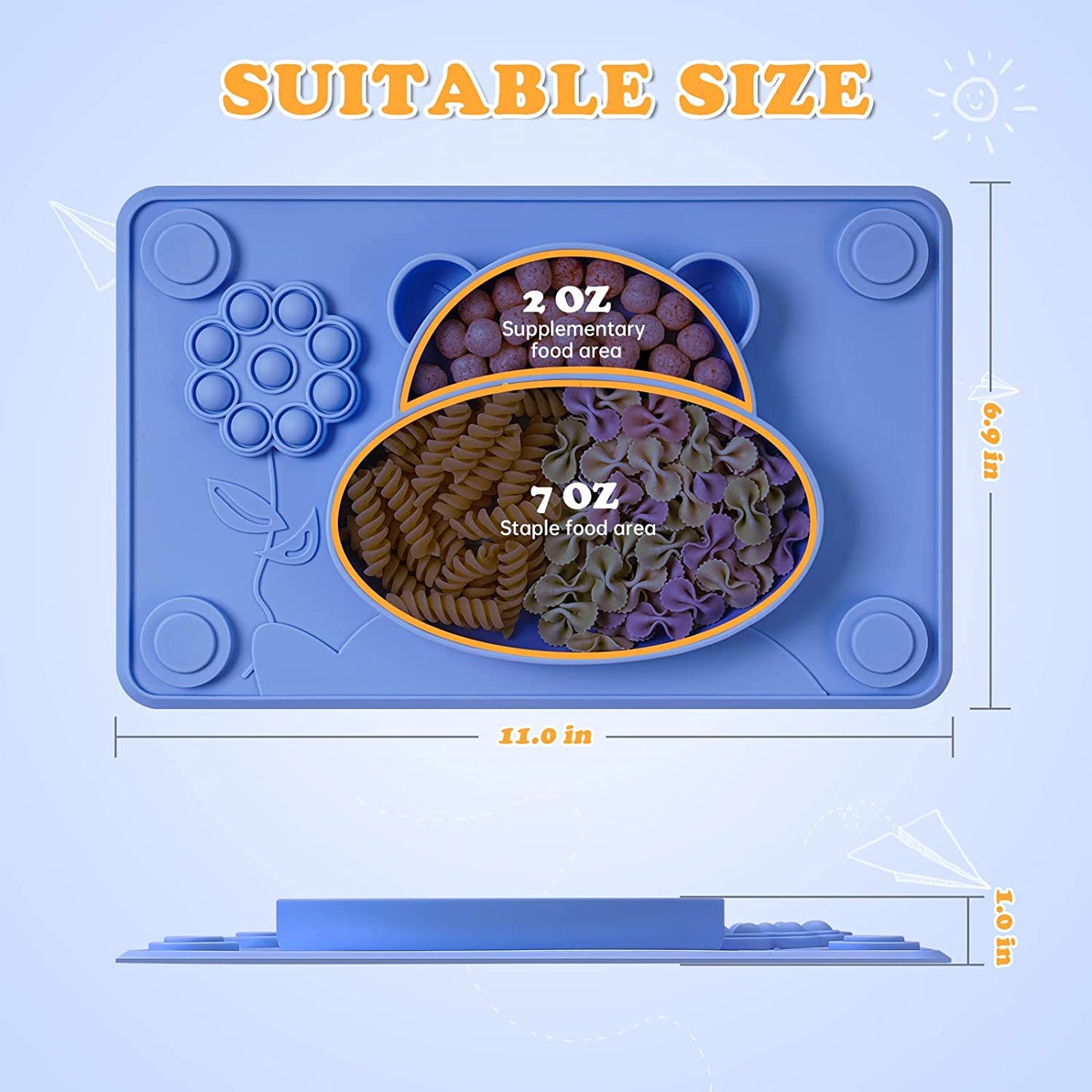 Toddler Food Grade Silicone Suction Plates for Baby Pop It Divided Placemat Dish