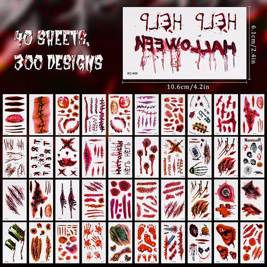 40 Sheets Halloween Horror Removable Realistic Fake Temporary Tattoo Set Zombie